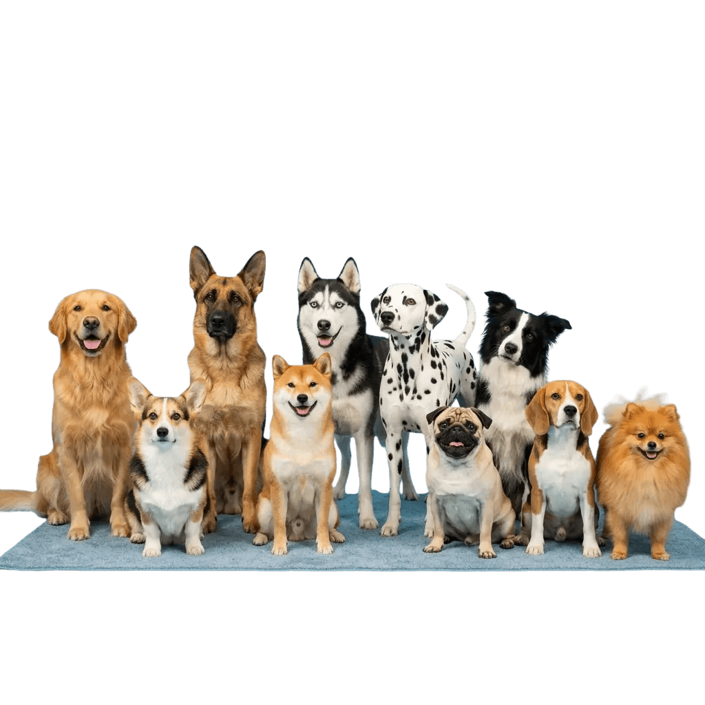 Group of various dog breeds sitting together