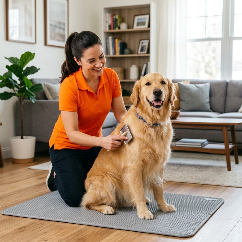 Certified groomer brushing a golden retriever at home