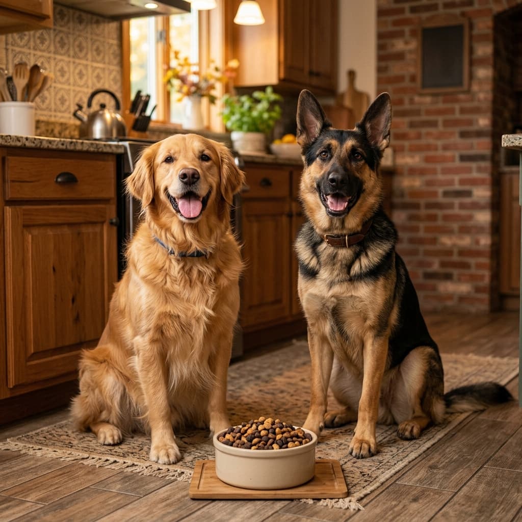 Two dogs eating