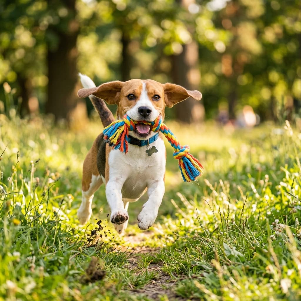 Happy beagle dog running in a park