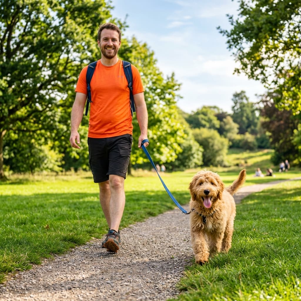 Dog walker walking a dog in a park