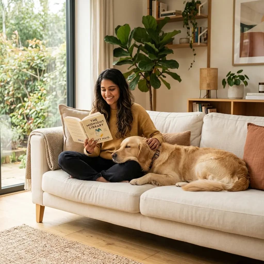Cozy scene of dog parenting with a golden retriever