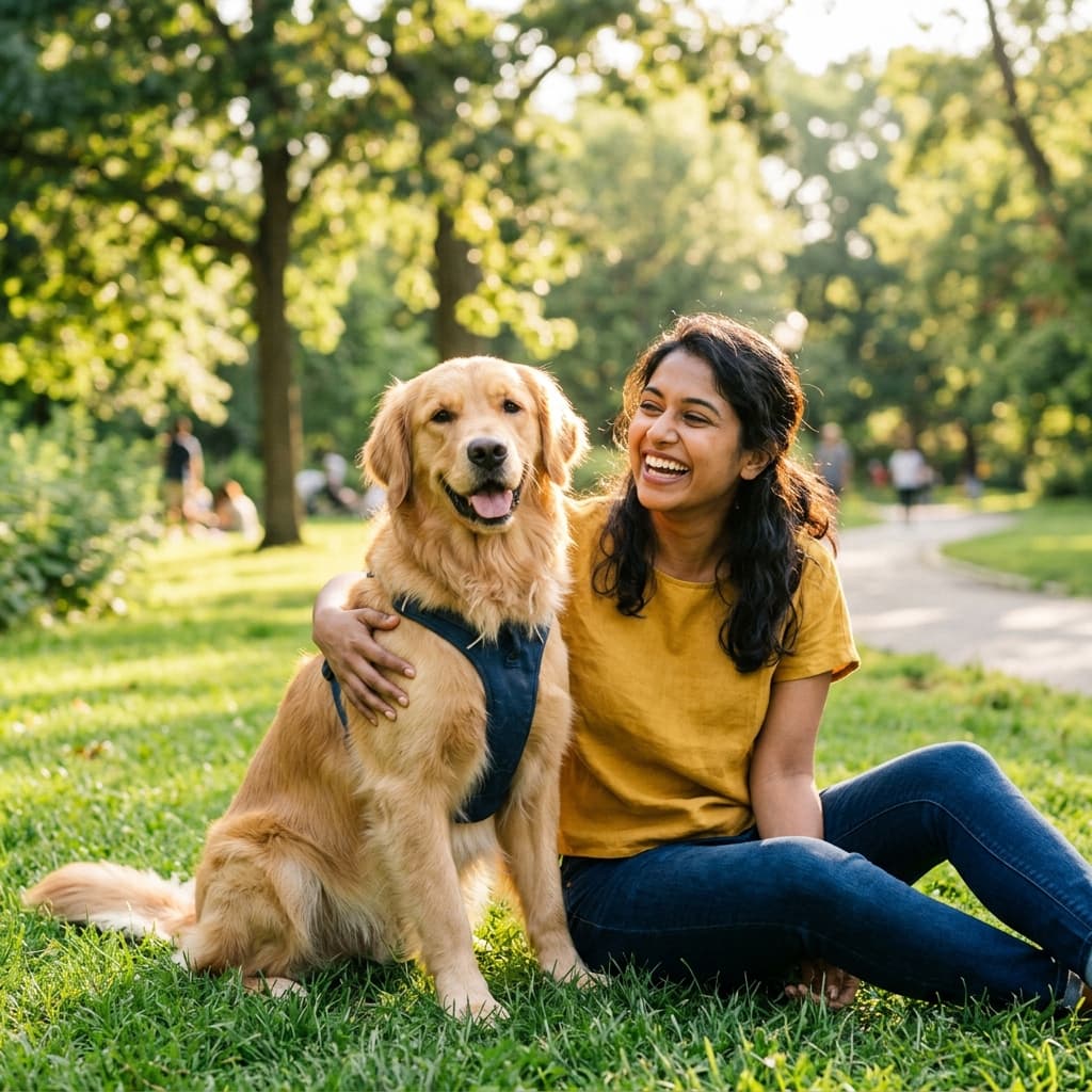 Woman playing with dog in park