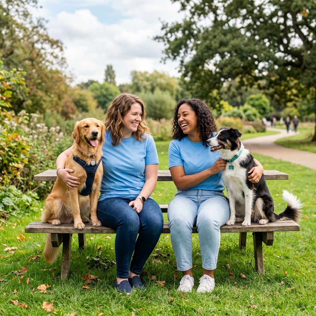 Women playing with dog in park